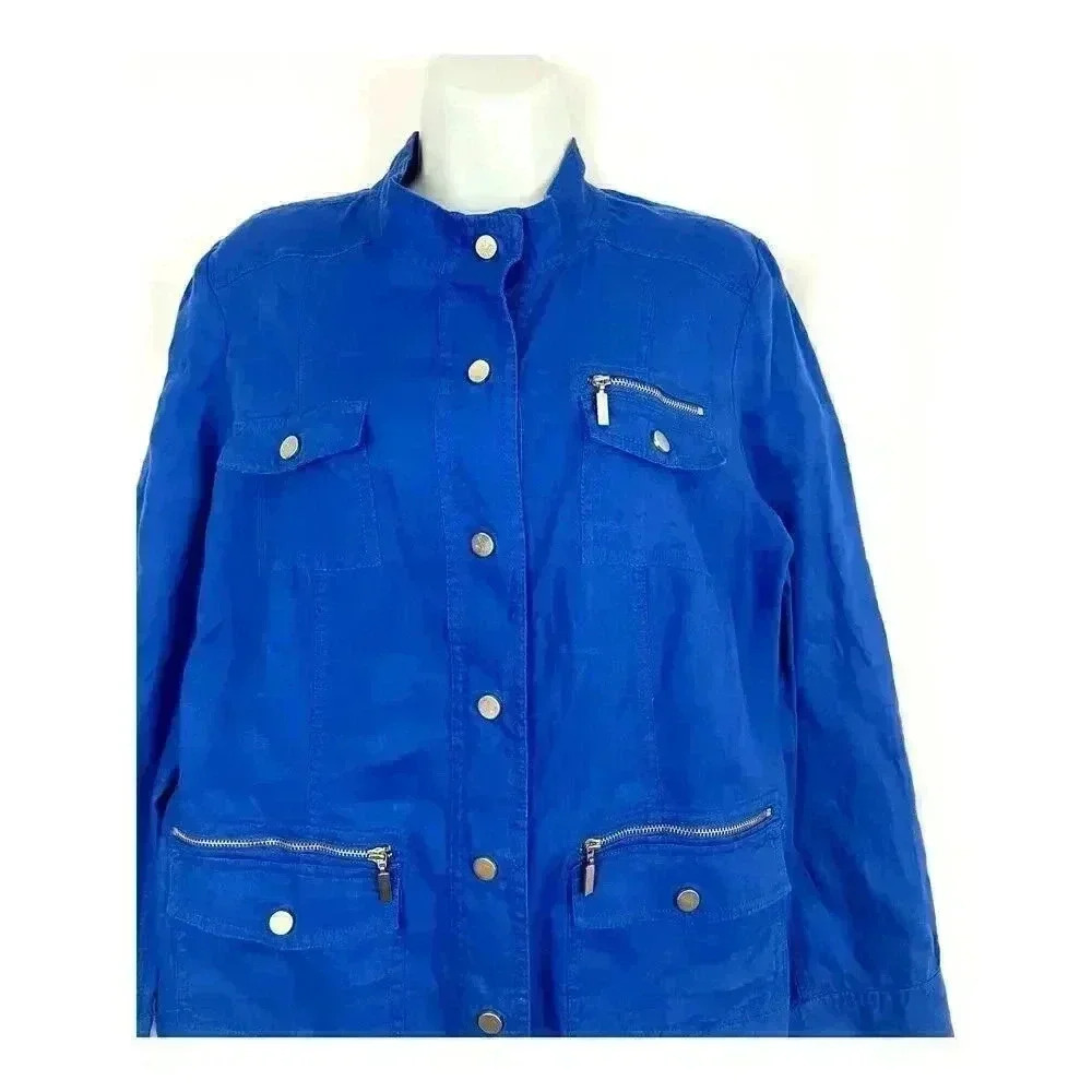 Chico’s‎ Cobalt Blue Jacket Shacket Sz 1 100% Linen Women's High Neck - Picture 15 of 16